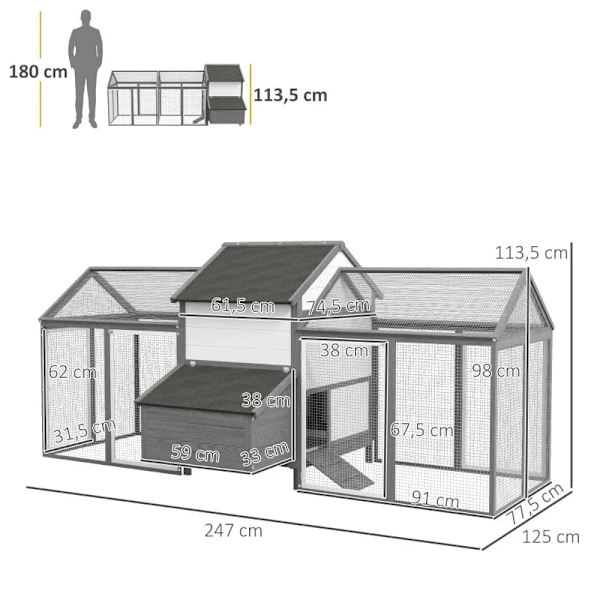 Rootz Chicken Coop - Smådjurshus - 2 utomhusinhägnader - 1 häckningslåda - 2 ramper - Asfalttak - Väderbeständig - Grå - 247 cm x 125 cm x 113,5 cm