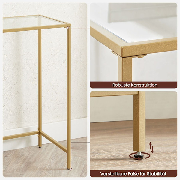 Rootz guldfarvet gennemsigtigt glaskonsolbord - Stålstel - Entrébord - Sofabord - Robust konstruktion - Nem montering - 35 cm x 120 cm x 80 cm