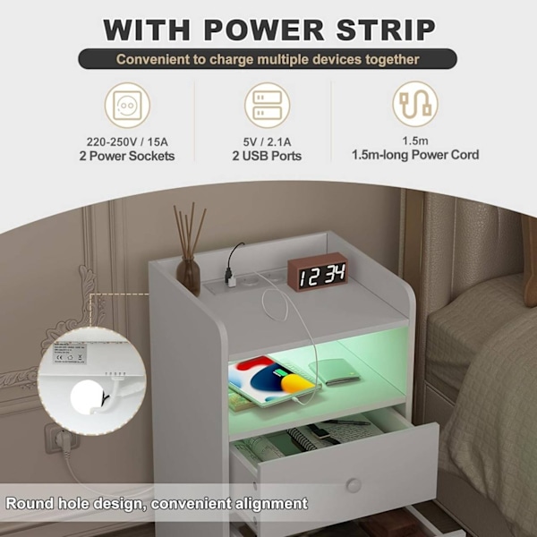 Rootz Sängbord med Power Strip och LED Bar - Nattduksbord - Laddningsbord - E1 Trämaterial - 40cm x 64cm x 35cm