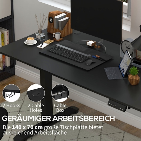 Rootz elektrisk stående skrivebord - Højdejusterbart skrivebord - Sit Stand-skrivebord - Ergonomisk arbejdsstation - 140 cm x 70 cm x 72-116 cm