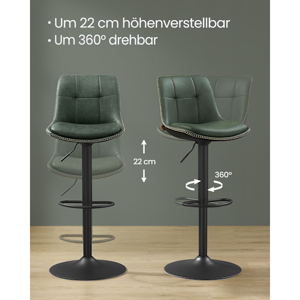 Rootz Forest Green PU Barstolar - Bänkstolar - Vridbara säten - Förkromat stål - Skumstoppning - Justerbar höjd - Ergonomisk design - 44cm x 48cm x (9