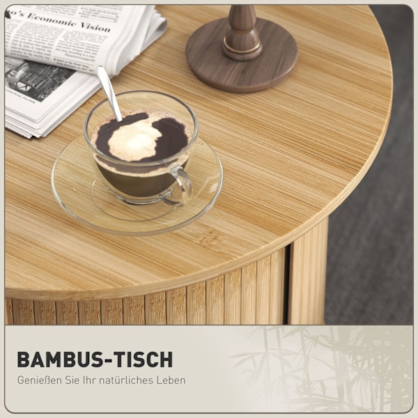 Rootz Round Side Table - Kaffe Round Table - Bambu Sofa Table - Dold förvaring, skjutdörr - Ø60 x 45 cm, har 20 kg