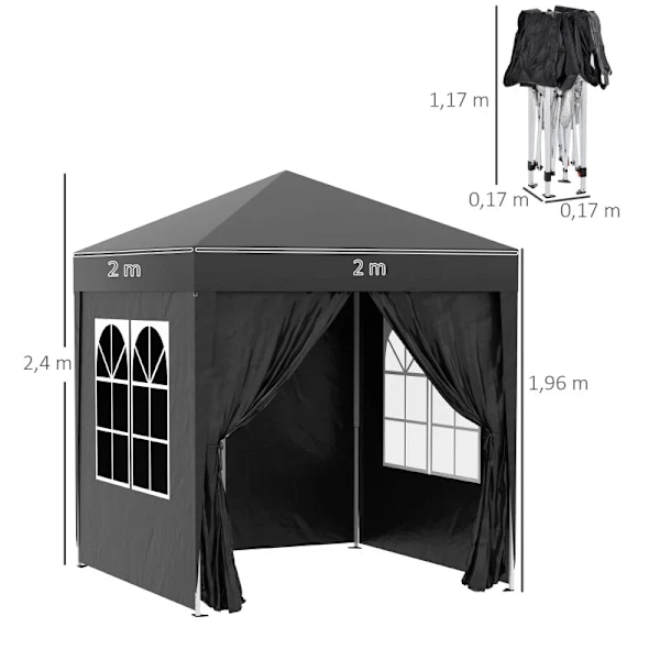Rootz Folding Gazebo - Öltält - 4 avtagbara sidoväggar - 2 fönster - Metallram - Svart - 2 x 2m