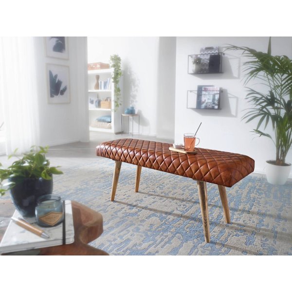 Rootz bänk äkta läder - massivt trä bänk 115x53x38 cm - 2 sits klädd bänk hall matsal brun - Liten läder sängbänk Hall möbel hall bänk