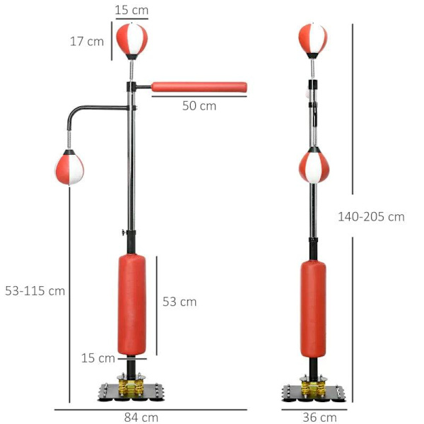Rootz-boksestativ - To Speedballs - Roterende boksestang - Kick Pad - Højdejusterbar - Stål - Sort/Rød/Hvid - 84 x 36 x 140-205 cm