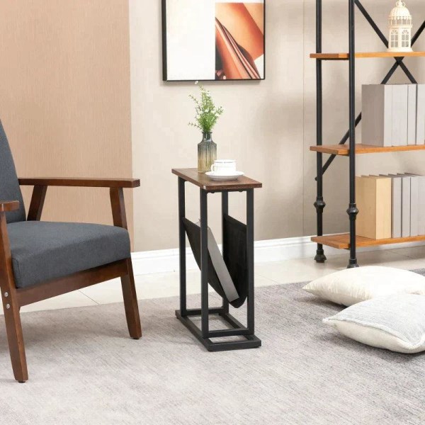 Rootz Sidebord - Sengebord - Sofabord - smalt design - Med stofpose - Stål - Mørkebrun + Sort - 49 x 19 x 55cm