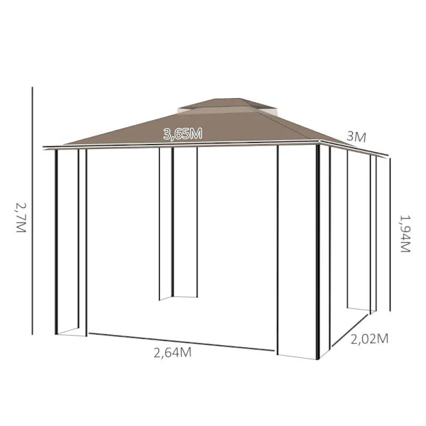 Rootz Gazebo - Puutarhapaviljonki - Puutarhateltta - Juhlateltta - Hyönteisverkot ja kulmahyllyt - Metalli/polyesteri - Ruskea/Beige - 3,7 x 3 m