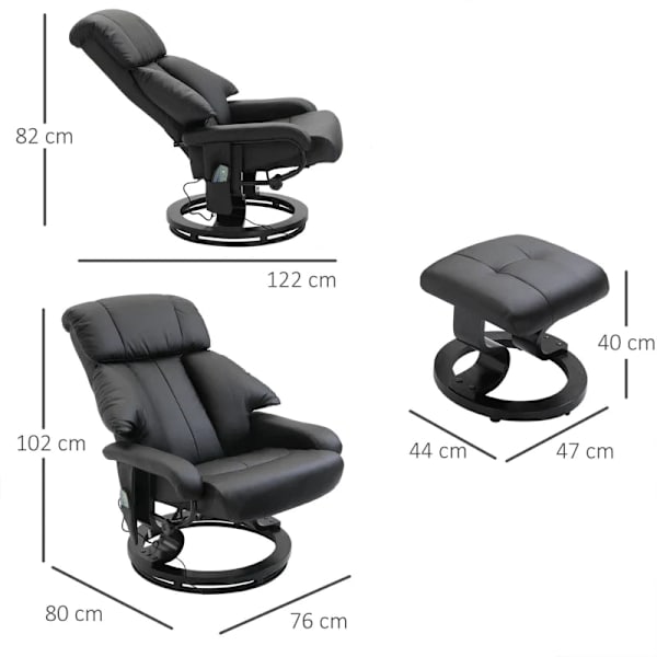 Rootz massagestol - fotpall - 10 vibrationspunkter - 145° justerbart ryggstöd - Elegant+slät - konstläder - svart - 76L x 80W x 102H cm