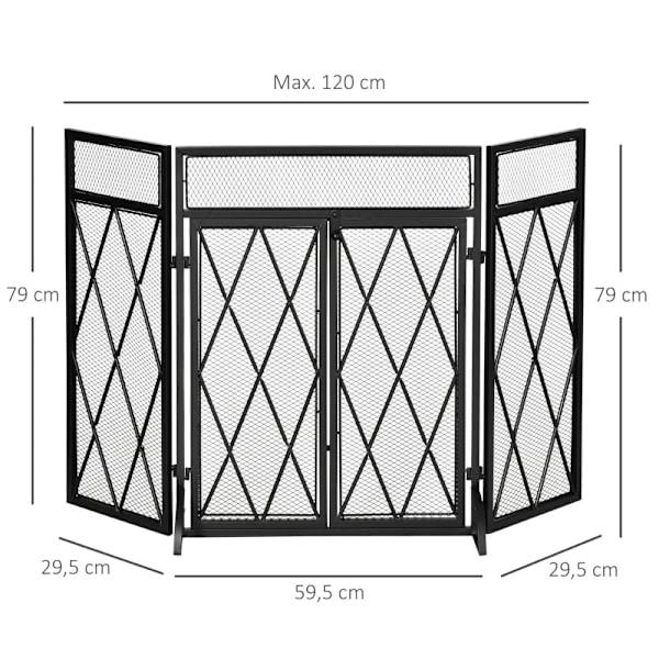 Rootz Spark Protection Grille - Pejsskærm - Brandskærm - Foldbar - 3-delt design - 120 cm x 79 cm - Sort metal