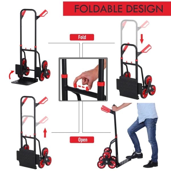 Rootz Steel Climbing Stairs Trolley - Steel Trolley - Hand Trucks - 6-wheeled Trolley - Foldable Hand Truck - Load Carrying Hand Truck  - Black & Red