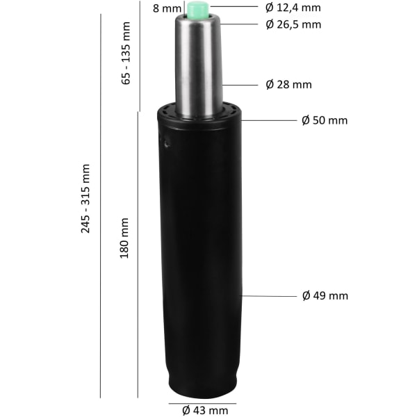 Rootz Gas Spring Toimistohissi - Kaasuhissi - Kaasunpaineen vaimennin - Helppo asennus - Kestävä ja mukava - Säädettävä korkeus 245mm-315mm - Musta ja