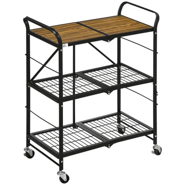 Rootz Industrial Design Køkkenvogn - 3 hylder - Multifunktionsvogn - Serveringsvogn - 4 Hjul - Foldning - MDF - Brun + Sort - 68L x 35W x 85H cm