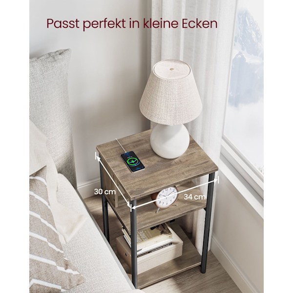 Rootz sidebord med fatning - endebord - natbord - spånplade og stål - hasselnød brun-sort - 30 cm x 34 cm x 58 cm