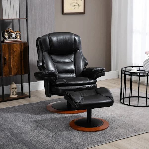 Rootz Relax Chair med Ottoman - Hvilestol - 360° roterende - Justerbart ryglæn - Sort + Brun - 94Lx98Wx104Hcm
