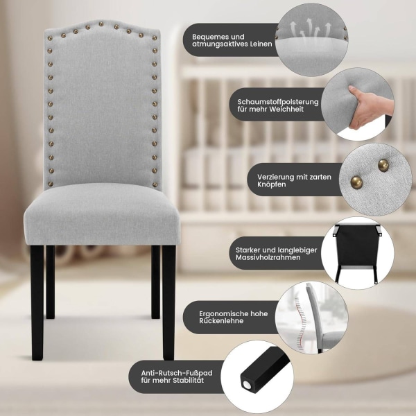 Rootz Set med 4 matstolar - Högryggsstolar - Massivträstolar - Ergonomisk design - Hållbar konstruktion - Golvskydd - Linne ljusgrå - 47cm x 103cm x 6