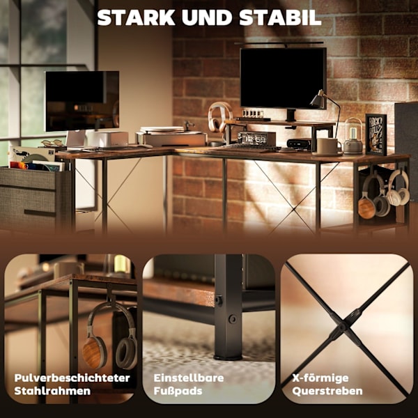 Rootz L -formet skrivebord - alsidig kontorbord - ergonomisk skærmstativ - justerbare hylder - 168 cm x 120 cm x 90 cm