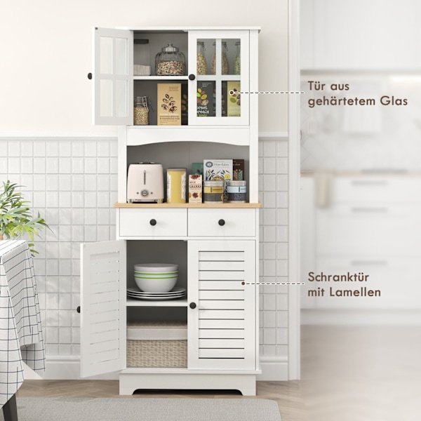 Rootz Kitchen Cabinet med glasdøre - Opbevaring af opvask - Spisestueskab - rigelig opbevaring - 68 x 39,5 x 170 cm, hvidbrun