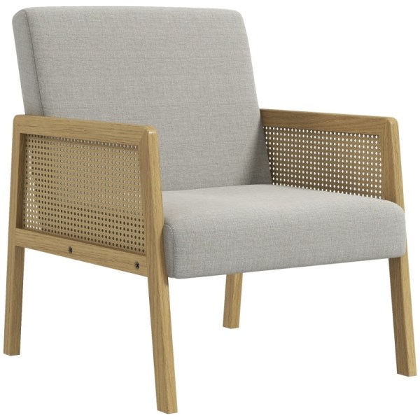 Rootz Accent Chair - Lounge Chair - Afslappende stol - Rattan Look Armlæn - Åndbart stof - Gulvbeskyttere - 65,5 cm x 72 cm x 78 cm - Naturligt træram