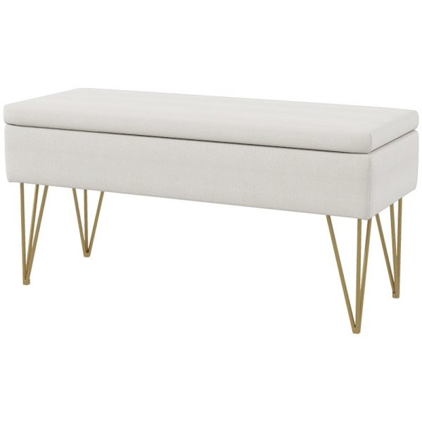 Rootz Sengebænk med opbevaringsplads - Soveværelsesbænk - Ottoman - Cremestof - Guld hårnåleben - 100 cm x 40 cm x 49 cm