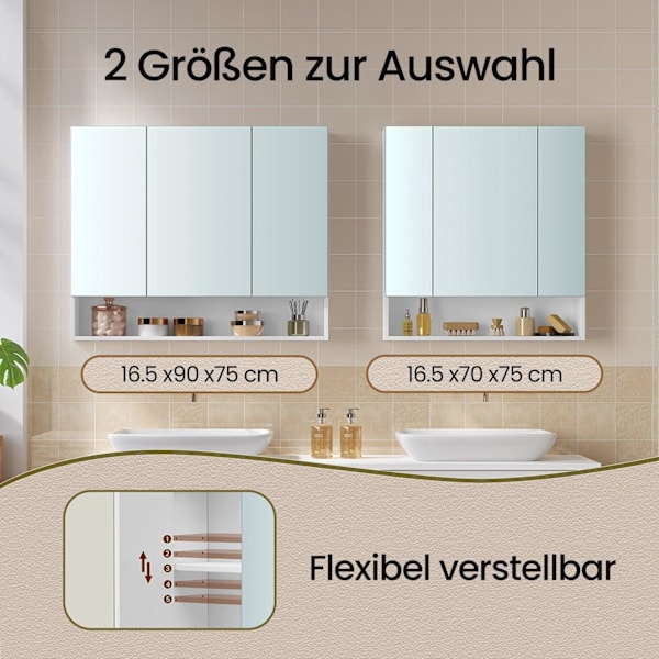 Rootz badeværelse skab - spejlkabinet - 3 -dørs badeværelse opbevaring - pladsbesparelse - 16,5 cm x 70 cm x 75 cm
