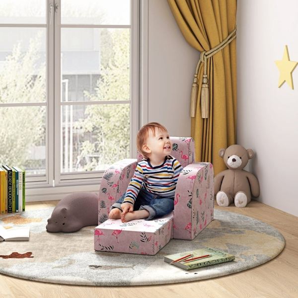 Rootz Kids Flamingo Lænestol - Børnesofa - Transformerende sæde - Sammenklappelig seng - Hyggeligt betræk - Bærbart design - 46,5 cm x 93 cm x 28,5 cm