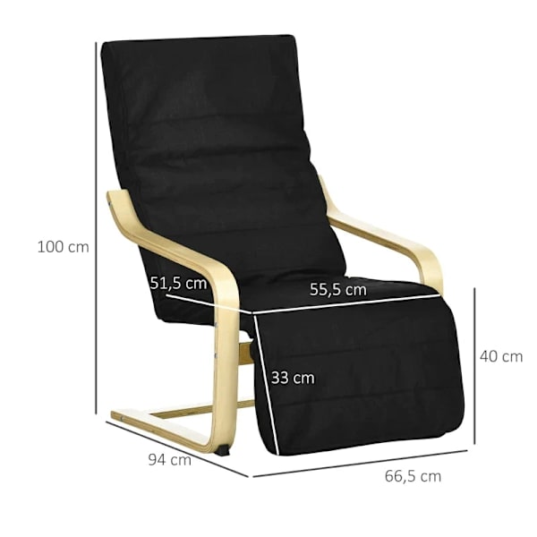 Rootz Relaxation Chair - Solstol - Justerbart fotstöd - Kudde - Bomullstyg - Trä + Svart - 66,5 x 94 x 100cm