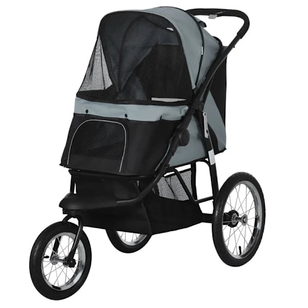 Rootz Folding Hundvagn - Husdjursvagn - Solskydd - Nätfönster - Förvaringskorg - Grå - 111 x 58 x 107 cm