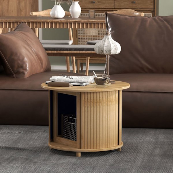 Rootz Round Side Bord - Kaffe Round Table - Bambus Sofa Bord - Skjult opbevaring, skydedør - Ø60 x 45 cm, holder 20 kg