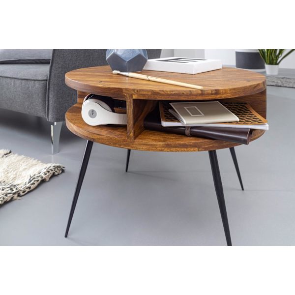 Rootz bord Sheesham massivt trä - metall 60x45x60 cm bord vardagsrum - Design sidobord med hylla Litet soffbord runt brunt