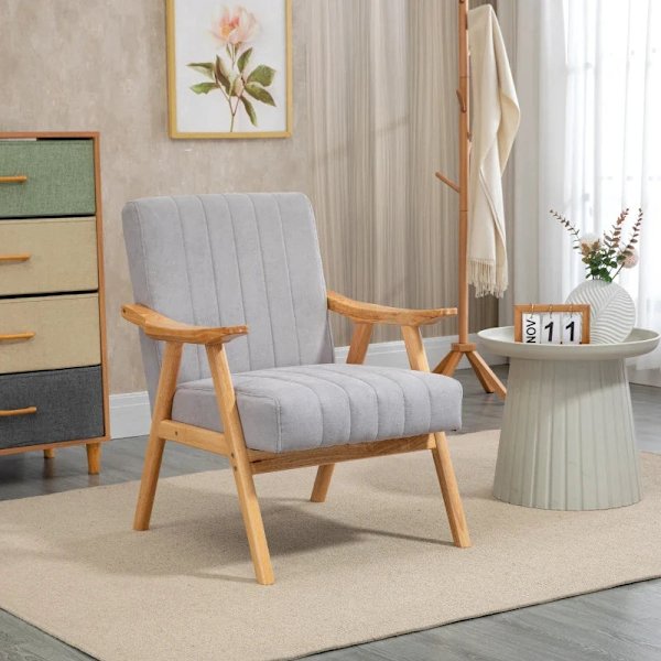 Rootz Fåtölj i Scandi Design - Sammetslook - Massivt trä - Stoppad stol - Natur + Grå - 68cm x 74cm x 82cm