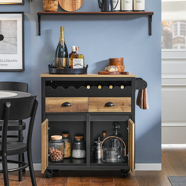 Rootz Kitchen Trolley Cart - Förvaringsvagn - Kitchen Island - MDF och metall - Handduks- och flaskställ - 89cm x 87cm x 40cm
