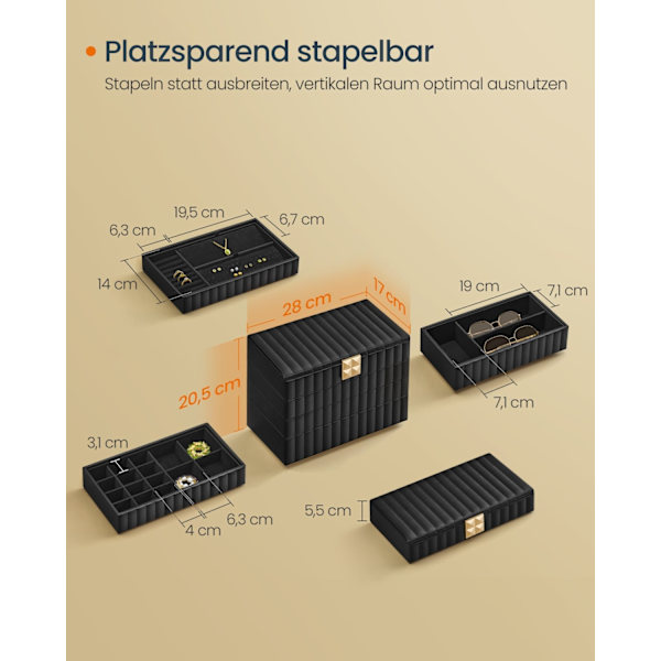 Rootz smyckeskrin med spegel - Förvaringslåda - Organizer - Bläcksvart - 17cm x 28cm x 20,5cm - PU syntetiskt läder - MDF - Sammet - Metall - Glas