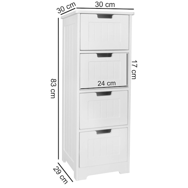 Rootz Design badeværelsesskab i landlig stil MDF træ 30 x 83 x 30 cm hvid - Badeværelsesskab lille 4 skuffer - Sideskab Multifunktionsskab