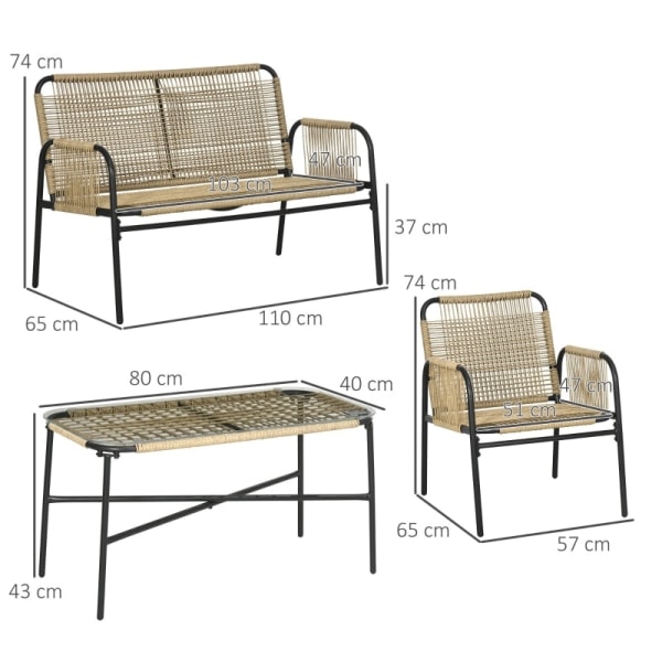 Rootz 4-delt havemøbelsæt - Udendørs Loungesæt - Terrassesæde - Holdbart stålstel - Vejrbestandig PE-rattan - Blødt polstrede puder - 110 cm x 65 cm x