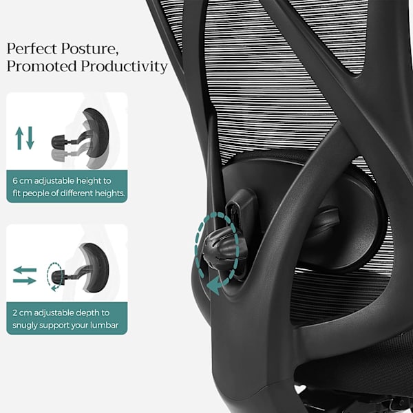 Rootz Ergonomic Black Office Chair - Drejestol - Justerbar Skrivebordsstol - Skumpolstret - Stålramme - 68cm x 66cm x (114-123,5)cm - Polyesterstof -