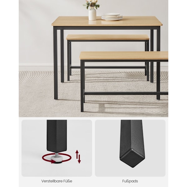 Rootz 3-osainen ruokailusetti - Keittiön pöytä - Puiset penkit - Lastulevy ja teräs - 70cm x 110cm x 75cm - Golden Oak Ink Black - 27,5kg