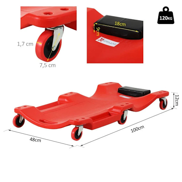 Rootz Assembly Roller Board - Nackstöd - Ergonomisk design - Verktygsbricka - Oljebeständig - Upp till 120 Kg - Robust plast - Röd - 100L x 48W x 12H