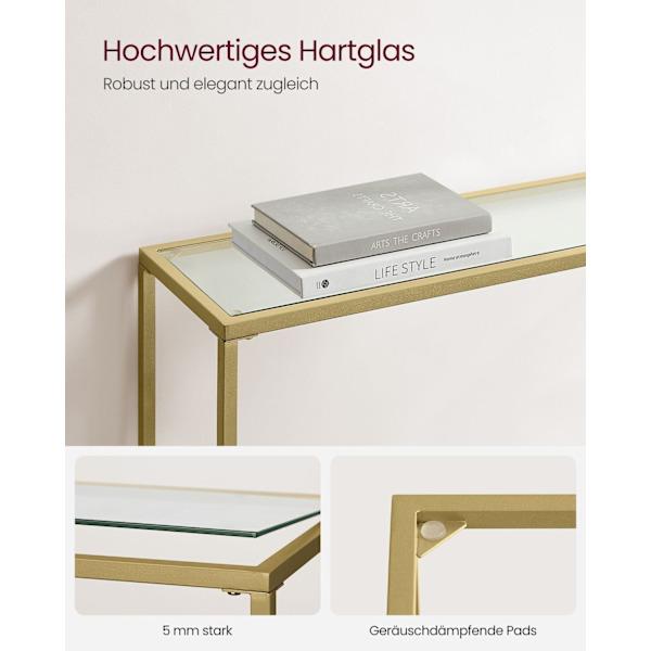 Rootz Glass Steel Console Bord - Lätt guld Transparent - Entrébord - Soffbord - Härdat glas - Robust stålstomme - Modern design - 20cm x 100cm x 80cm