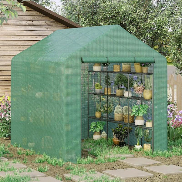 Rootz Greenhouse - Kalvokasvihuone - Walk-in kasvihuone - 8 hyllyllä - Kylmäkehys - Vihreä - 244 x 180 x 210 cm