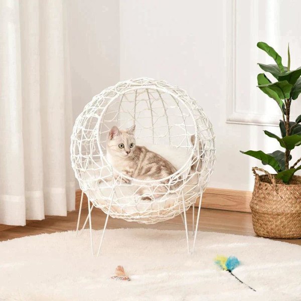 Rootz Rattan Kattekurv - Kattehule - Kattehytte - Katteseng med pude - Forhøjet design - Dyreseng - Cremehvid - Ø45 x 57H cm