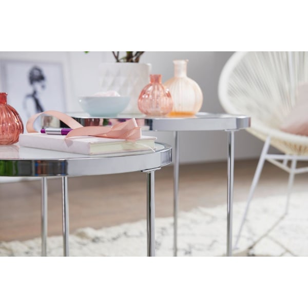 Rootz design sidobord runt Ø 50-42 cm - 2 st vit silver med glasskiva - Vardagsbord set om 2 - Nesting bord mjölkglas - soffbord