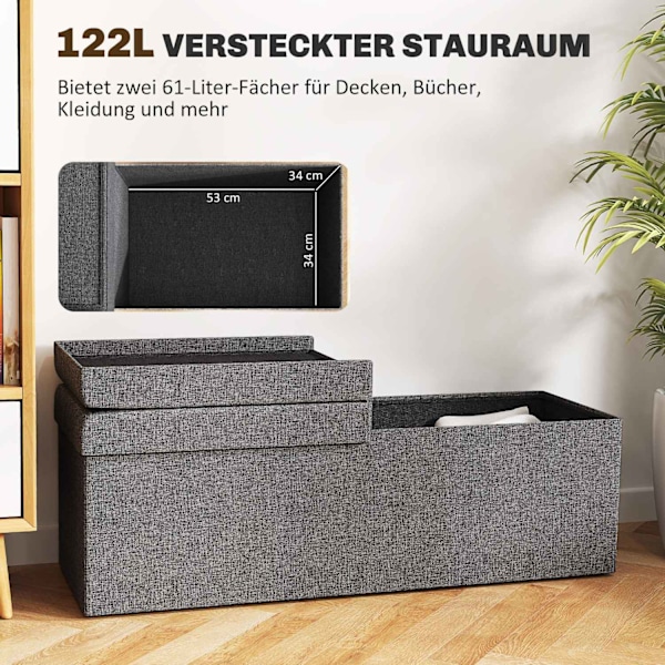 Rootz Footestool Storage Ottoman - Foldbar bänk - Seat Chest - Mjuk stoppning - 110 cm x 38 cm x 38 cm - Dual 61L -fack - Grå