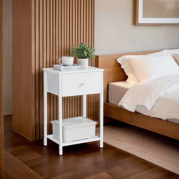 Rootz Bedside Table - Side Bord - Natbord - Med hylde og stofskuffe - Rumbesparende design - 28,1 cm x 38,1 cm x 61,1 cm