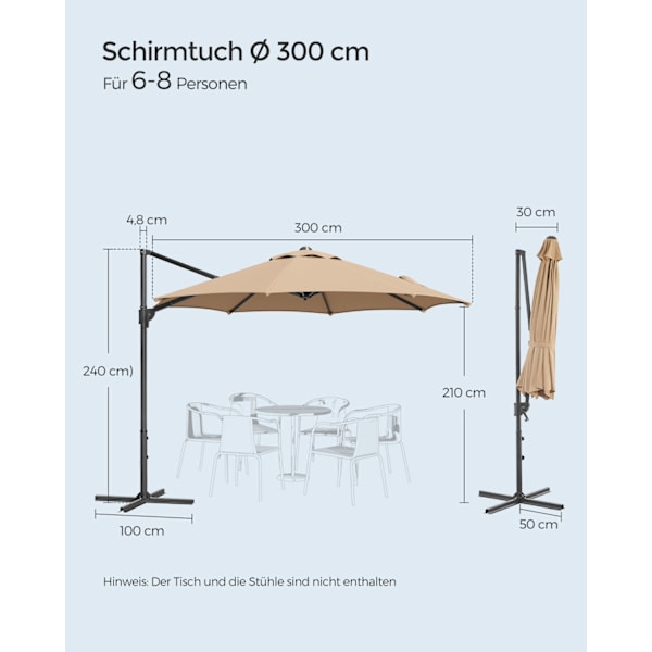 Rootz Cantilever Paraply - Udendørs Parasol - Solskærm - UPF 50+ - Krankmekanisme - Kamelbrun - Stålramme - 300 cm Diameter - 240 cm Højde