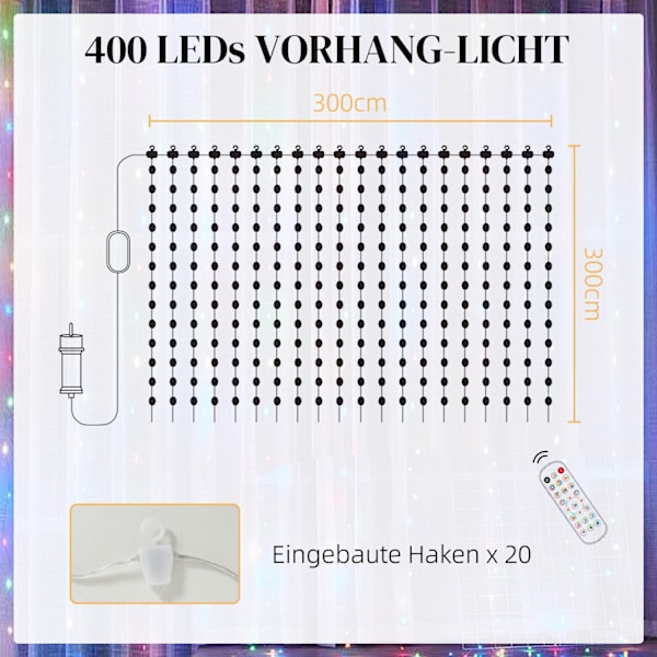 Rootz -gardin med 400 LED -lampor - Stringljus - Dynamisk belysning - Musiksynkronisering - Wi -Fi -kontroll - 300 cm x 300 cm