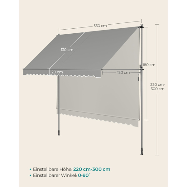Rootz Clamp-markis med vev - Uteplatstak - Utomhusskydd - Justerbar höjd - 350 cm x 120 cm - Pulverlackerat stål - Aluminiumlegering