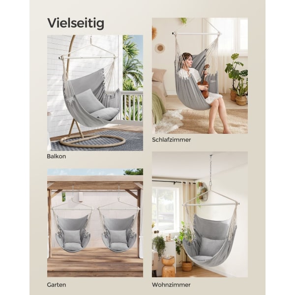 Rootz Hængestolesæt - Gyngestol - Hængekøjestol - Polyester-bomuldsblanding - Stålstang - Duegrå - 140 cm x 150 cm x 128 cm - 3,4 kg - 150 kg Kapacite