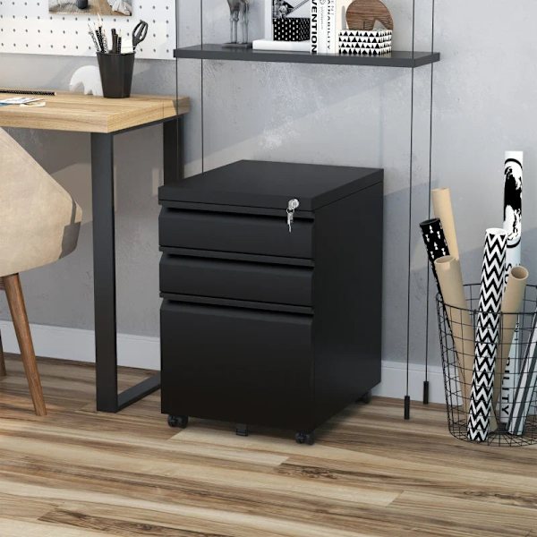 Rootz Rolling Container - Arkistokaappi - 3 laatikkoa - 5 pyörää - Ripustettava viila - Lukittava - Teräs - Musta - 39 x 48 x 60 cm
