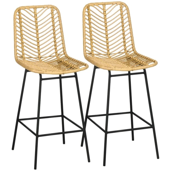 Rootz sæt med 2 barstole - Boho Design - PE Rattan - Inklusiv fodstøtte - Moderne barstole - Gul + Sort - 42,5 cm x 52 cm x 102 cm