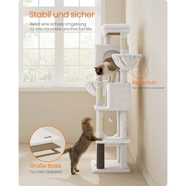 Rootz Scratch Tree - Cat Tower - Cat Climbing Post - 2 Caves & Nozles - 175cm Tall, White, Wood Chipboard, Sisal - 57x45x175cm